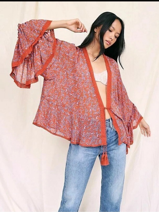 Free People Tops - Free People Lola Kimono Floral Bell Sleeve Tassel Tie Cardigan Large